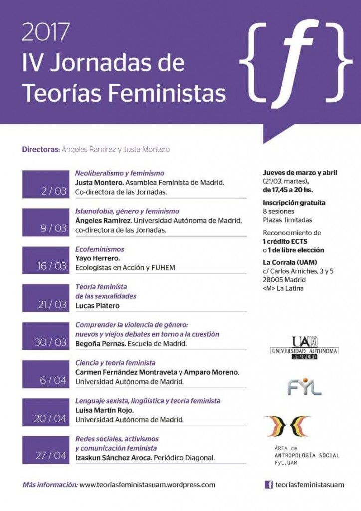 Programa de las IV Jornadas de Teorías Feministas de la UAM y Asamblea Feminista de Madrid.